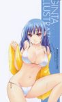  absurdres bikini blue_hair breasts cleavage copyright_request ginta highres large_breasts pink_eyes smile solo swimsuit towel wet 
