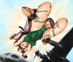  1girl aircraft airplane blonde_hair breasts c-130_hercules cameltoe cammy_white covered_navel covered_nipples falling green_eyes green_leotard hibiki_dan judge_martin jumping large_breasts leotard navel parody skin_tight smelling street_fighter street_fighter_iv_(series) tattoo 