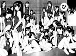  barefoot comic copyright_request crowd feet flat_chest greyscale highres legs monochrome multiple_girls one-piece_swimsuit scan school_ningyo school_swimsuit swimsuit toes wet yoshitomi_akihito 