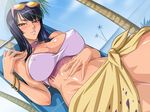  bangle beach_chair black_hair blush bracelet breasts brown_eyes cleavage covered_nipples dutch_angle eyewear_on_head huge_breasts jewelry kagami_hirotaka long_hair midriff navel nico_robin one_piece palm_tree sarong solo sunglasses swimsuit tree yellow_sarong 