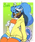  2019 anthro arnachy australian_shepherd bandeau bixbite blue_hair breasts canid canine canis clothed clothing collar digital_media_(artwork) domestic_dog female hair heterochromia hi_res legwear long_hair looking_at_viewer mammal signature small_breasts solo tongue tongue_out 