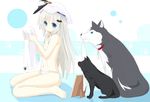  animal barefoot beret blue_eyes buttons dog flat_chest hair_ornament hairclip hat kitsune_(scaz) large_buttons little_busters! long_hair noumi_kudryavka panties paws silver_hair solo strelka topless underwear white_panties 