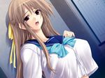  bow brown_hair dutch_angle game_cg hair_ribbon iizuki_tasuku kusumiya_sayaka long_hair open_mouth pink_eyes ribbon school_uniform serafuku solo temptation temptation_2 