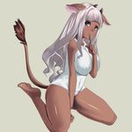  animal_ears barefoot blue_eyes breasts covered_nipples cow_ears cow_girl dark_skin grey_hair horns huge_breasts kneeling long_hair one-piece_swimsuit original school_swimsuit sigetch solo swimsuit tail white_hair white_school_swimsuit white_swimsuit 