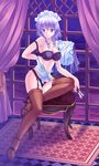  bad_id bad_pixiv_id bare_shoulders bra braid chair curtains full_body garter_straps high_heels izayoi_sakuya knife lingerie navel off_shoulder pico_(picollector79) shoes short_hair silver_hair sitting smile solo thighhighs touhou twin_braids underwear undressing 