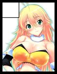  bad_id bad_pixiv_id beyond_the_wishes black_border blonde_hair blush border breasts circle_cut cleavage green_eyes hoshii_miki idolmaster idolmaster_(classic) idolmaster_1 large_breasts long_hair noto_kurumi smile solo 