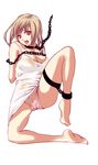  1girl bad_id bad_pixiv_id barefoot bdsm blonde_hair bondage bound chain collar highres kakage legs long_hair open_mouth original panties red_eyes soles solo underwear 