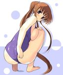  adjusting_clothes adjusting_swimsuit ass barefoot blue_eyes breast_press breasts brown_hair copyright_request large_breasts long_hair looking_back non-web_source one-piece_swimsuit ponytail purple_school_swimsuit school_swimsuit sideboob sikorsky solo squatting swimsuit 