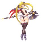  ankle_boots armband ass bangs bardiche belt black_legwear blonde_hair blush boots breasts cape covered_nipples crossed_legs fate_testarossa floating_hair from_behind full_body gloves hair_between_eyes hair_ornament hair_ribbon head_tilt holding kneepits leotard long_hair looking_at_viewer looking_back lyrical_nanoha mahou_shoujo_lyrical_nanoha miniskirt nishitsuki_tsutomu parted_bangs parted_lips partially_visible_vulva pleated_skirt red_eyes ribbon scythe sidelocks simple_background skin_tight skirt skirt_lift small_breasts solo standing strap studded_belt thighhighs tiptoes twintails very_long_hair watson_cross weapon white_background wind wind_lift 