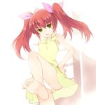  barefoot dress fang feet green_eyes hair_ribbon hiiragi_takane kurasuke legs long_hair nee_chanto_shiyou_yo! open_mouth panties pantyshot pov_feet red_hair ribbon soles solo toes twintails underwear white_panties 