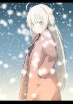  1girl absurdres ahoge black_sweater blonde_hair blue_eyes blush breasts bural_chingu coat eyebrows_visible_through_hair highres huge_filesize long_hair looking_at_viewer park_noah ribbed_sweater snow solo sweater turtleneck turtleneck_sweater two_side_up wweedpic 