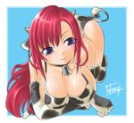 animal_print bell bikini blue_eyes blush breasts cleavage cow_bell cow_girl cow_print cow_tail gloves highres horns huge_breasts long_hair new_year original red_hair smile solo swimsuit tail takeoutservice 