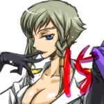  artist_request blue_eyes braid breasts cleavage code_geass finger_to_mouth gloves large_breasts lips lowres nonette_enneagram open_clothes open_shirt seductive_smile shirt short_hair side_braid silver_hair single_braid smile solo 