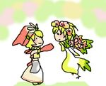  1girl blonde_hair blush chibi closed_eyes detached_sleeves dress elle_(lom) flower hair_flower hair_ornament hat legend_of_mana lowres sabo_(sabotaru) seiken_densetsu short_hair smile toto_(lom) 