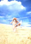  :d animal_ears bad_id bad_pixiv_id blue_sky blush breasts brown_eyes brown_hair cloud collarbone day field highres holo long_hair looking_at_viewer medium_breasts navel no_nipples nude open_mouth outdoors running sky smile solo spice_and_wolf stomach straw_(stalk) tail wander_(cordabyss) wolf_ears wolf_tail 