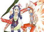  ex-keine fujiwara_no_mokou hood hooded_jacket horns jacket kamishirasawa_keine lieutenant_dan long_hair multiple_girls tail thighhighs touhou 