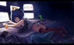  :o animal_ears bad_id bad_pixiv_id blue_hair book cat_ears cat_tail chinese computer curly_hair flat_chest glowing juice legs lying observerz on_stomach original panties short_hair solo speaker strap_slip striped striped_legwear striped_panties tail thighhighs underwear wallpaper 