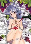  alcohol blue_hair bottle briska covering covering_breasts food fruit grapes horn korean long_hair looking_at_viewer lying nude original parted_lips pouring red_eyes solo translated very_long_hair wine wine_bottle 