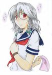  alternate_costume alto-00 bespectacled blush braid glasses izayoi_sakuya letter love_letter red_eyes school_uniform silver_hair solo touhou traditional_media twin_braids watch wristwatch 