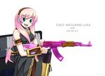  blue_eyes boots breasts detached_sleeves gun headset hello_kitty knee_boots large_breasts long_hair megurine_luka pink_hair rifle sitting skirt solo thighhighs very_long_hair vocaloid weapon ycums 
