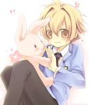  androgynous artist_request black_neckwear blonde_hair emblem haninozuka_mitsukuni long_sleeves looking_at_viewer male_focus necktie ouran_high_school_host_club pants purple_eyes simple_background smile solo stuffed_animal stuffed_bunny stuffed_toy tareme white_background yellow_eyes 