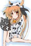  animal_costume animal_print bell bottomless cow_bell cow_print fate_testarossa horns kunon long_hair lyrical_nanoha mahou_shoujo_lyrical_nanoha no_panties orange_hair red_eyes sitting solo tail translated very_long_hair 