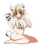  2009 animal_print barefoot bikini_top blonde_hair bottomless breasts brown_eyes cleavage copyright_request cow_girl cow_print cup horns large_breasts milk mole mole_under_eye mug navel new_year shijou_sadafumi solo tail thighs 