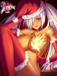  bell bell_collar breasts cake collar commentary_request dark_skin elbow_gloves fire food gloves hat large_breasts nude pastry purple_eyes santa_costume solo thighhighs twintails vocaloid xai yamine_aku 