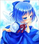  bad_id bad_pixiv_id blue_bow blue_dress blue_eyes blue_hair blush bow child cirno collared_shirt colorized commentary dress hair_bow hand_on_own_chin ice ice_wings maki_(natoriumu) neck_ribbon puffy_short_sleeves puffy_sleeves red_ribbon ribbon shirt short_hair short_sleeves solo source_request touhou white_shirt wings yashiro_seika 