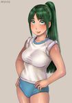  :p buruma green_eyes green_hair gym_uniform higurashi_no_naku_koro_ni long_hair ponytail shirt solo sonozaki_mion taut_clothes taut_shirt tongue tongue_out zenkou 