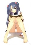  barefoot blue_hair book clannad feet hair_bobbles hair_ornament highres hikarizaka_private_high_school_uniform ichinose_kotomi legs long_hair long_legs panties pantyshot pantyshot_(sitting) purple_eyes reading school_uniform scissors sitting skirt smile solo tanaka_takayuki thighs two_side_up underwear white_panties 