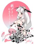  2009 animal_ears animal_print bell bell_collar breasts chinese_zodiac collar copyright_request cow cow_bell cow_ears cow_girl cow_print elbow_gloves garter_belt gloves horns kneeling kousaki_rui large_breasts long_hair low-tied_long_hair new_year stuffed_animal stuffed_cow stuffed_toy thighhighs white_hair year_of_the_ox 