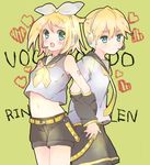  1girl aqua_eyes bad_id bad_pixiv_id blonde_hair blush brother_and_sister hair_ornament hairclip holding_hands itsuka kagamine_len kagamine_rin midriff short_hair shorts siblings twins vocaloid 