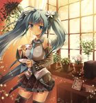  :o bad_id bad_pixiv_id blue_eyes blue_hair blush breasts covered_nipples cup detached_sleeves flower hatsune_miku highres kimishima_ao large_breasts long_hair medium_breasts necktie nipples skindentation skirt solo tea thighhighs twintails vocaloid zettai_ryouiki 