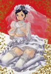  breasts bridal_veil bride copyright_request dress earrings garter_belt garters high_heels highres jewelry lace large_breasts ribbon shoes solo thighhighs underboob veil wedding_dress yasuda_akira 