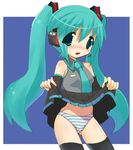  aqua_eyes aqua_hair bad_id bad_pixiv_id blush detached_sleeves hatsune_miku long_hair necktie open_mouth panties skirt skirt_lift solo striped striped_panties thighhighs tsuderou twintails underwear vocaloid 