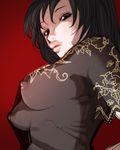  black_hair breasts brown_eyes cleavage copyright_request falcoon japanese_clothes large_breasts lips long_hair nipples see-through solo 