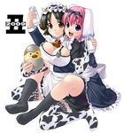  2girls animal_ears animal_print bell black_hair blue_eyes bottle breasts brown_eyes cleavage copyright_request cow_bell cow_girl cow_print feet horns large_breasts maid milk mizuki_gyokuran multiple_girls new_year pink_hair sitting socks thighhighs 