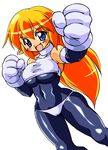  :d blue_bodysuit blue_eyes blush bodysuit breasts fang galaxy_fight gloves ichiyasu large_breasts long_hair open_mouth orange_hair roomi smile solo 