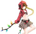  adapted_costume alternate_costume bad_id bad_pixiv_id blonde_hair contemporary dain flandre_scarlet flat_chest hood hooded_jacket hoodie jacket midriff no_nose one-eyed red_eyes shorts side_ponytail simple_background solo touhou wings 