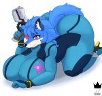  2019 anthro big_breasts big_butt blue_fur blue_hair breasts butt canid canine clothing digital_media_(artwork) eye_patch eyelashes eyewear female fox fur gun hair hi_res huge_breasts lazuli_(doggod.va) looking_at_viewer mammal metroid multicolored_fur nintendo ranged_weapon shaded solo thick_thighs video_games weapon white_fur wide_hips zero_suit zieis 