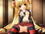  1girl alcot blonde_hair blush censored indoors karen_(triptych) looking_at_viewer miniskirt mosaic_censoring nimura_yuuji no_bra no_panties pussy sitting skirt small_areolae small_nipples solo striped striped_legwear thighhighs triptych upskirt very_long_hair 