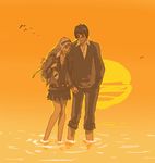  1girl artist_request bare_legs barefoot bird blonde_hair blue_eyes couple glasses grin harry_james_potter harry_potter hetero holding_hands long_hair lowres luna_lovegood school_uniform smile sunset water 