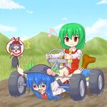  3girls =_= ascot blue_hair blush boots car driving drooling food fruit grass green_hair ground_vehicle hat hinanawi_tenshi human_vehicle kazami_yuuka long_hair masochism motor_vehicle mountain multiple_girls musical_note nagae_iku nature no_nose o_o open_mouth peach plaid plaid_skirt plaid_vest purple_hair red_eyes saliva shimada_(simada_bu) short_hair sitting sitting_on_person skirt skirt_set steering_wheel sweatdrop tire touhou vest what 