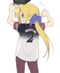  1girl arms_up baseball_cap blonde_hair blue_bow blush bobby_valentine bow brown_eyes chiba_lotte_marines eyebrows_visible_through_hair hair_bow hat highres holding holding_hat jersey kuroi_nanako long_hair looking_at_viewer lucky_star nippon_professional_baseball okayparium open_mouth pointing ponytail real_life short_sleeves simple_background smile solo valentine white_background 