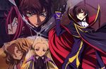  3boys absurdres ashford_academy_uniform code_geass gun headband highres kallen_stadtfeld kururugi_suzaku lelouch_lamperouge multiple_boys multiple_girls nunnally_lamperouge official_art okayama_shinako red_hair short_hair v.v. weapon zero_(code_geass) 