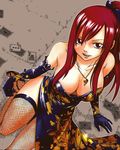  breasts cleavage colorized downblouse dress elbow_gloves erza_scarlet fairy_tail fishnets gloves high_heels jewelry large_breasts looking_at_viewer mashima_hiro necklace open_mouth red_hair shoes smile solo thighhighs 