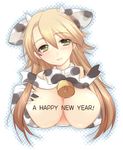  animal_print bell breasts brown_hair chinese_zodiac copyright_request cow_bell cow_girl cow_print eyebrows_visible_through_hair green_eyes hand_on_own_chest horns huge_breasts long_hair new_year solo umehara_emika year_of_the_ox 