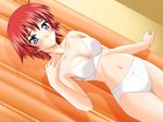  ahoge blue_eyes blush bra breasts cleavage curtains embarrassed game_cg lingerie medium_breasts navel panties red_hair sakurazuka_kaoru shadow short_hair solo standing tajima_nao underwear underwear_only white_bra white_panties x-change yin-yang!_x-change_alternative 