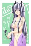  2009 animal_ears breasts copyright_request cow_ears cross ear_piercing earrings hair_censor hair_over_breasts horns jewelry large_breasts long_hair multicolored_hair navel new_year nude open_towel piercing purple_towel signature solo tail towel very_long_hair yukian 